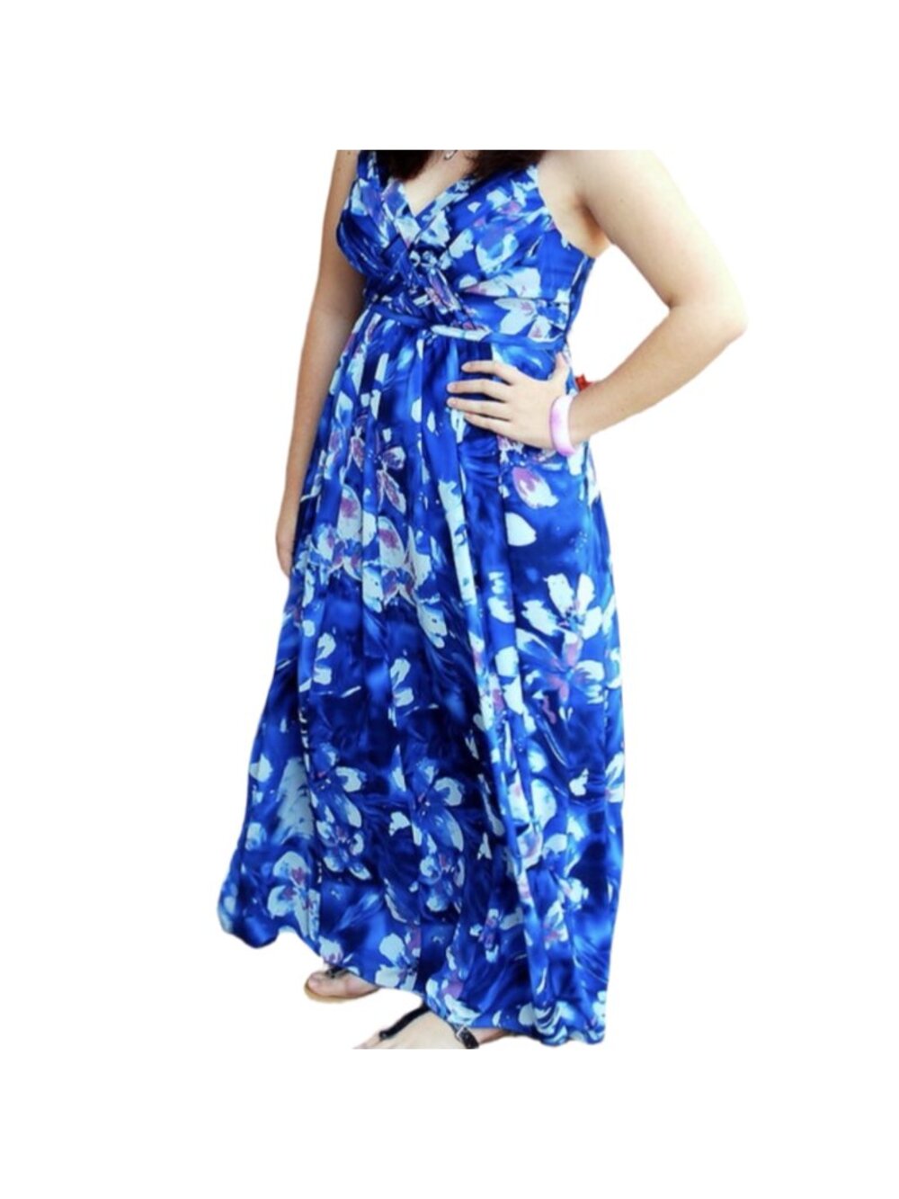 Robbie Bee Cobalt Blue White Abstract Floral Maxi Dress 8 V-Neck Summer Boho - Picture 7 of 7